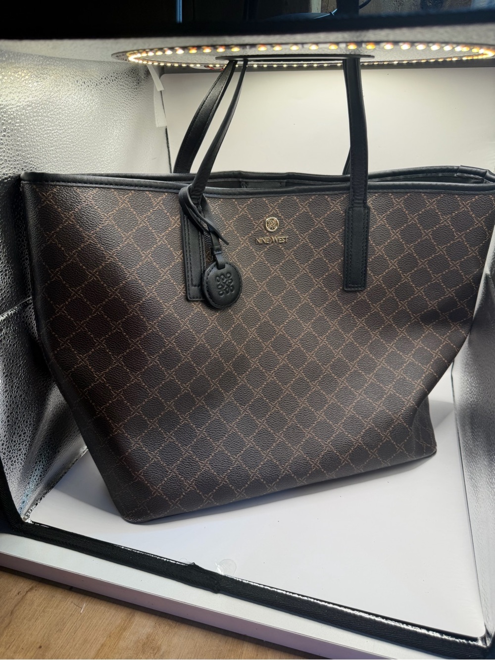 Nine West Brown Monogram Tote Bag Large Shoulder Purse - Picture 3 of 6